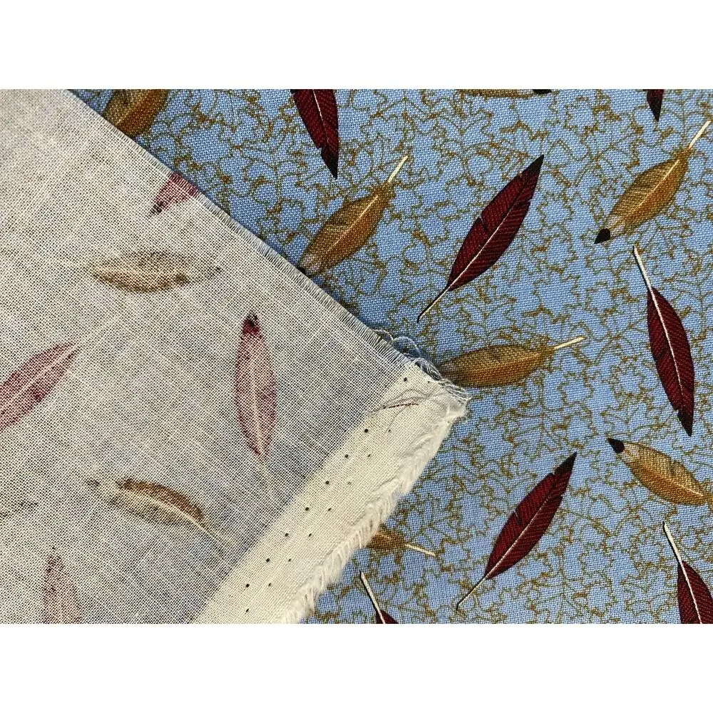 Nancy Zieman Cotton Fabric Cardinal Blue/Rust Feathers Fabrics Batch 119034